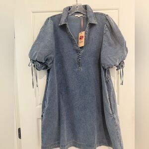 entro Washed Blue Denim Puff Sleeve Mini Dress